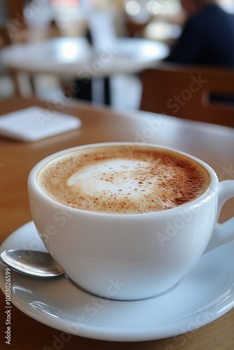 A warm cup of layered latte served in a glass mug on a wooden table in a cozy cafe setting