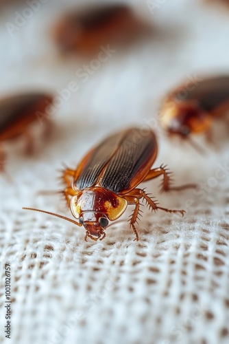 Close-up view of a cockroach on fabric, highlighting its distinct features an...