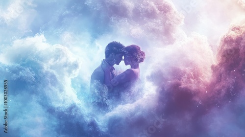 2 soulmates in an ethereal embrace with cloud and dream like background. Generative Ai. photo