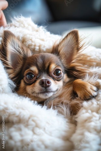 A cozy brown Chihuahua nestled in a soft blanket at home, enjoying relaxation...