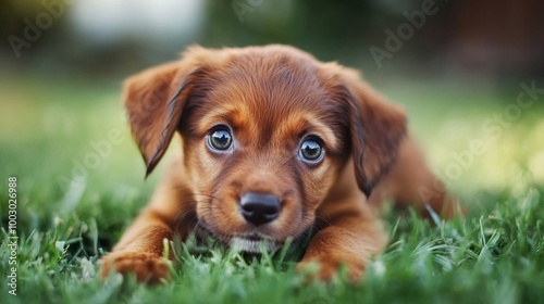 A playful puppy resting on green grass during a sunny afternoon in a park