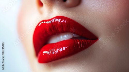 Vivid close-up of beautifully styled lips with glossy red lipstick in soft, n...