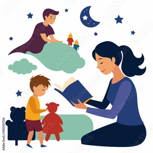 Mom puts son to bed reads fairy tales from books vector illustration