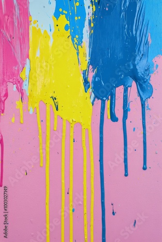 Vibrant colors blend with dripping paint on a textured canvas in an artistic ...