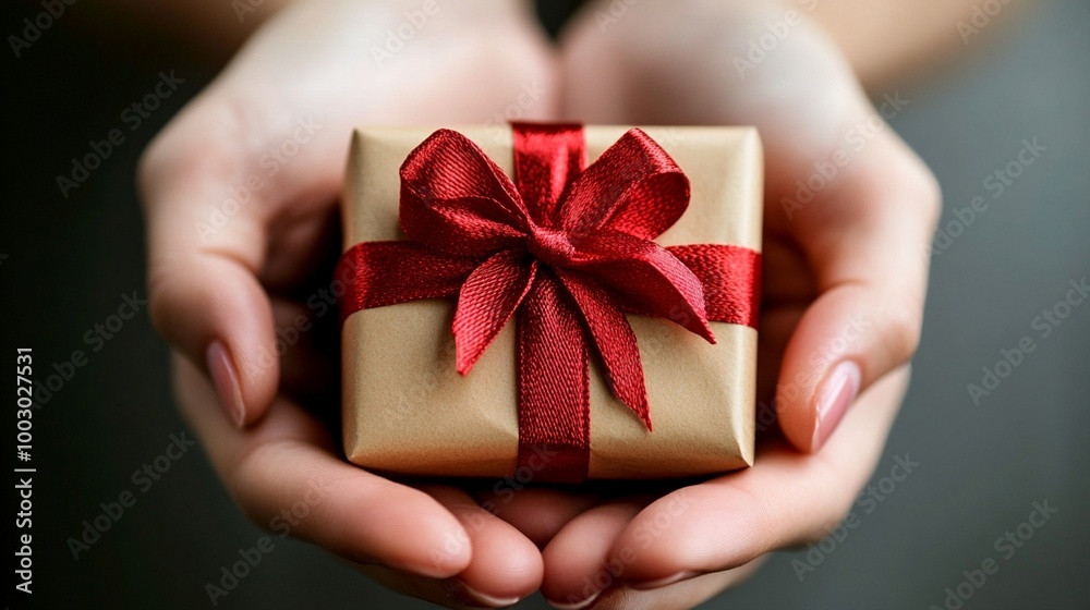Hands gently cradle a small gift wrapped in kraft paper and adorned with a vibrant red ribbon, symbolizing the act of giving and spreading joy. Hands gently cradle a small gift wrapped in kraft paper and adorned with a vibrant red ribbon, symbolizing the act of giving and spreading joy.