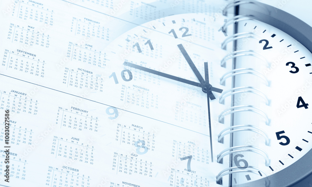 Time management. Clock face and calendar diary page Time management. Clock face and calendar diary page