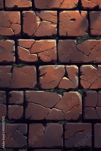 Textured red brick wall with visible cracks and green moss in a rustic enviro...