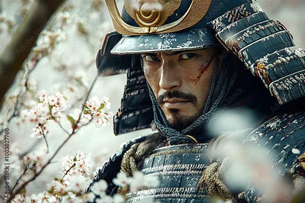 Samurai in traditional armor surrounded by cherry blossoms.