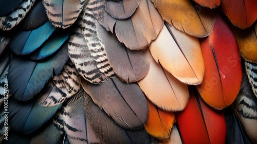 Colorful feathers with intricate patterns showcasing nature's beauty in close...