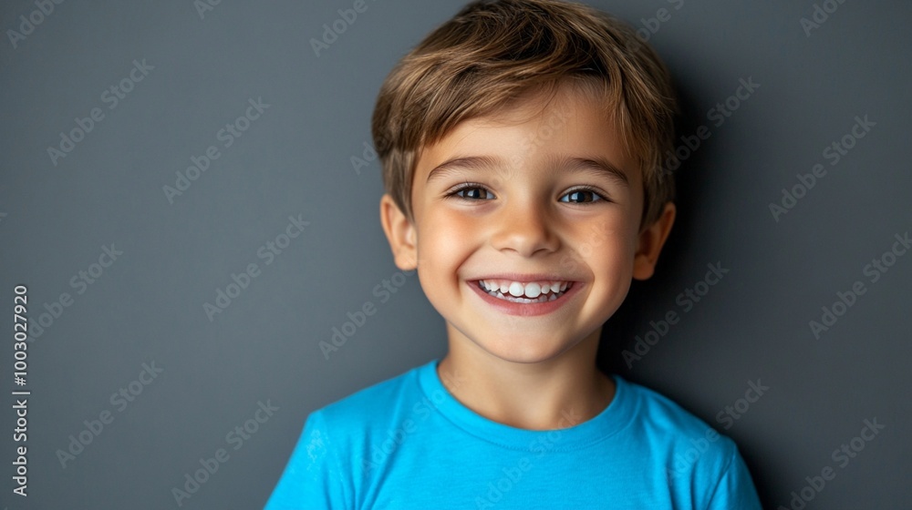 Joyful young boy with bright smile and sparkling eyes wearing vibrant blue t-shirt against dark background, radiating happiness and innocence in portrait. Joyful young boy with bright smile and sparkling eyes wearing vibrant blue t-shirt against dark background, radiating happiness and innocence in portrait.