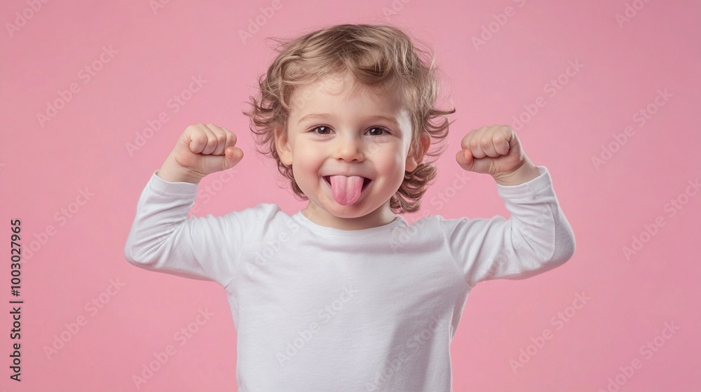 Energetic toddler in white shirt shows excitement with raised fists and playful tongue out against pink background, capturing pure childhood joy and spirit. Energetic toddler in white shirt shows excitement with raised fists and playful tongue out against pink background, capturing pure childhood joy and spirit.