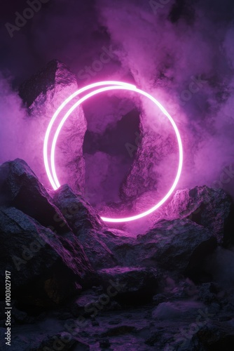 A glowing pink portal ring surrounded by purple mist in a rocky landscape at ...