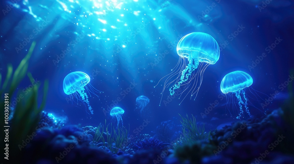Fototapeta premium Stunning Underwater Scene with Glowing Jellyfish