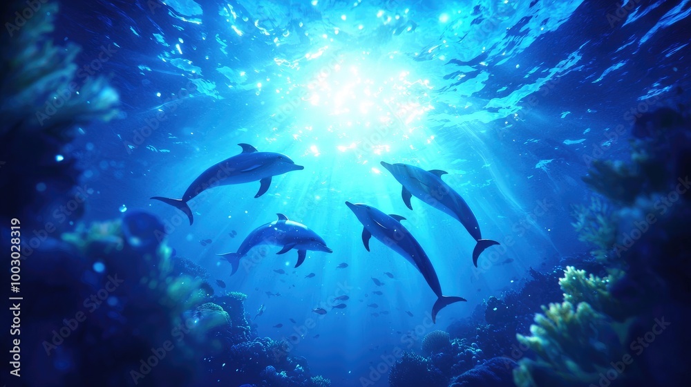 Fototapeta premium Vibrant Dolphins Swimming in Crystal Clear Water