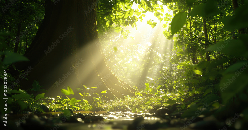 Fototapeta premium Enchanting Forest with Sunlight Streaming Through Trees