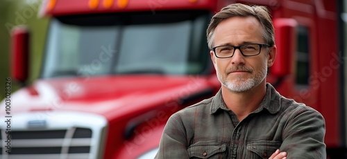 Portrait of a mature man with a white beard wearing glasses, with a red semi truck in the background. photo