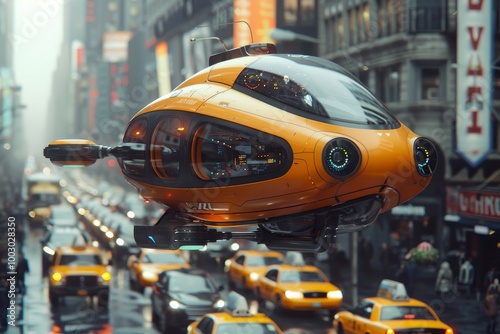 A futuristic drone taxi flies over a busy street, showcasing cutting-edge urban transportation. The image highlights the innovation of air mobility, offering a glimpse into the future of commuting.