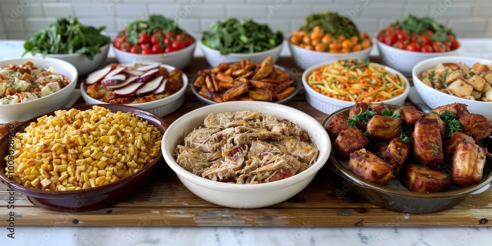 wide-angle shot of diverse buffet spread featuring various dishes, including vegetables, meats, side dishes, neatly arranged in bowls and plates. vibrant colors and abundance of food wide-angle shot of diverse buffet spread featuring various dishes, including vegetables, meats, side dishes, neatly arranged in bowls and plates. vibrant colors and abundance of food
