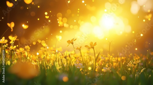 Golden Sunlit Meadow with Blossoms and Sparkling Light