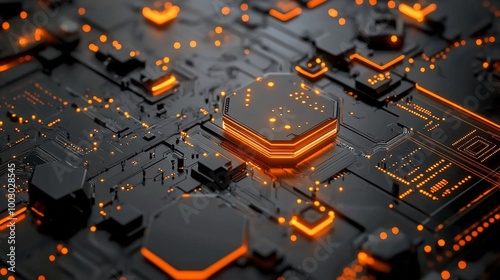 Intricate close-up of a futuristic circuit board illuminated with orange ligh...