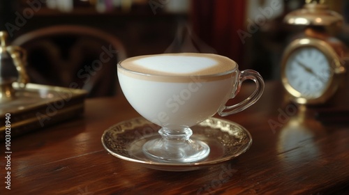 A steaming cup of coffee on a rustic wooden table in a vintage cafe setting