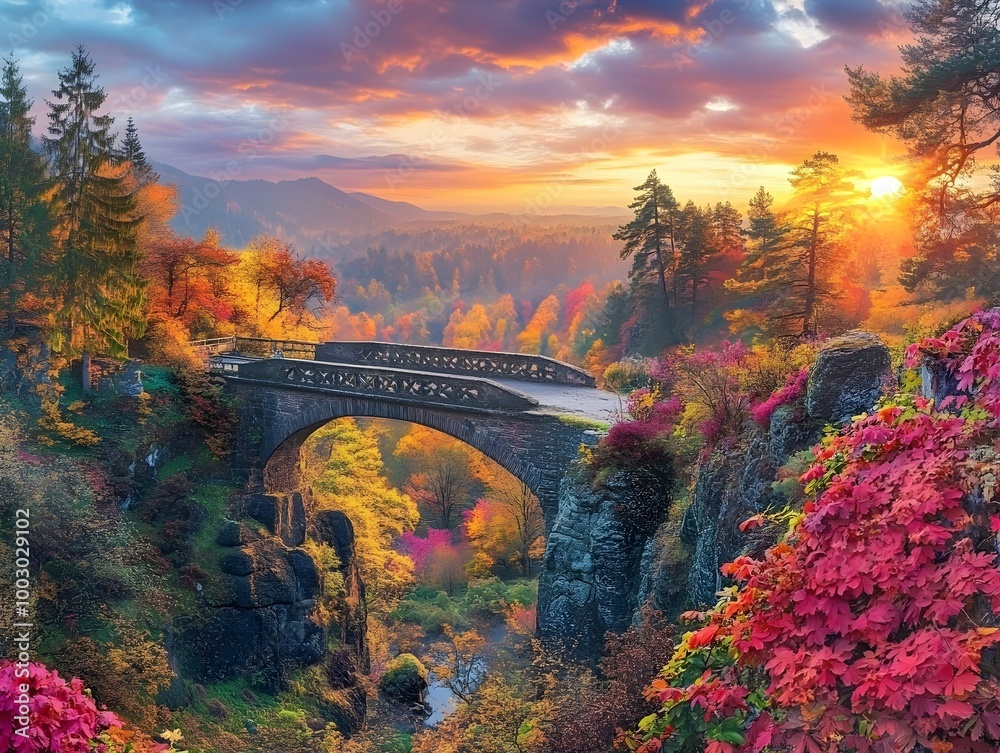 Fantastic Autumn Landscape. Amazing sunset With colorful sky in Azalea and Rhododendron Park Kromlau