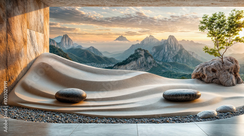 Salle zen avec du sable et des galets et vue sur des montagnes photo