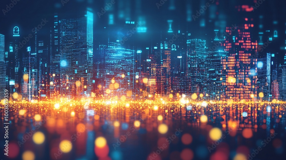 Fototapeta premium Digital City Skyline Made of Light Particles