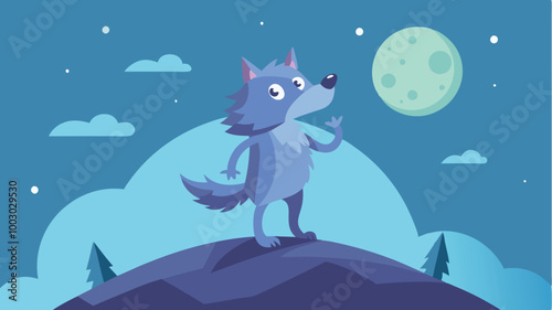 A cartoon wolf gazes at the full moon from a grassy hilltop under a starlit sky during a serene night in a whimsical forest