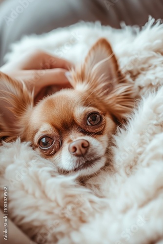 A cozy brown Chihuahua nestled in a soft blanket at home, enjoying relaxation...