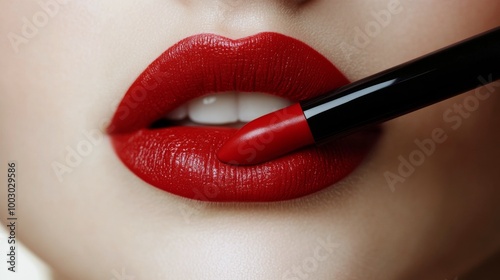 Vivid close-up of beautifully styled lips with glossy red lipstick in soft, n...