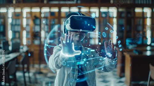 Futuristic virtual reality experience: scientist in white lab coat explores digital interface with VR headset, surrounded by holographic projections.