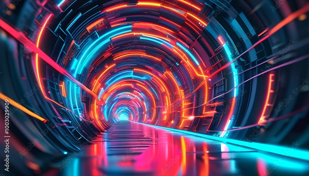 Tech Tunnel with Glowing Circuits and Neon Data Flowing into the Distance Tech Tunnel with Glowing Circuits and Neon Data Flowing into the Distance