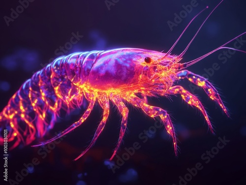 A glowing shrimp flits across a dark underwater scene