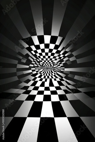 A checkerboard floor under a bright light with a dark background creating dra...