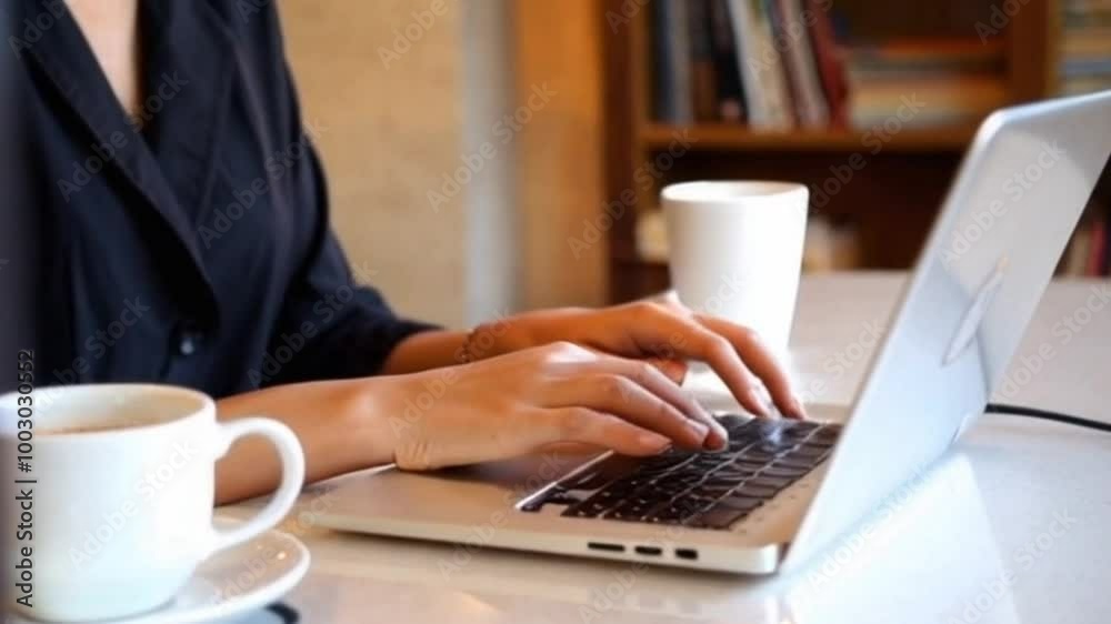 A woman is typing on her laptop keyboard while seated in a coffee shop