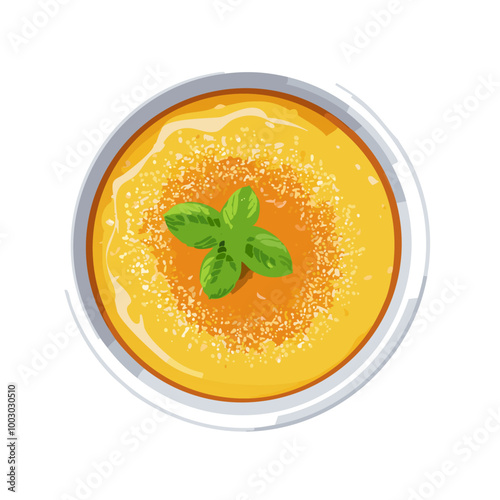 Crème Brûlée Dessert with Caramelized Top and Mint Leaf