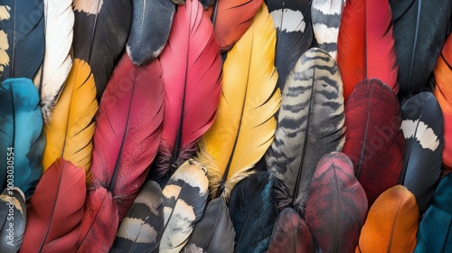Colorful feathers with intricate patterns showcasing nature's beauty in close...