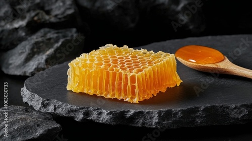 Golden honeycomb and spoonful of honey on slate serving platter with dark sto...
