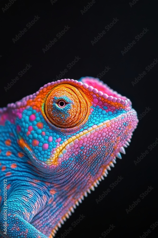 Fototapeta premium Colorful chameleon close-up revealed in vivid hues against a dark background