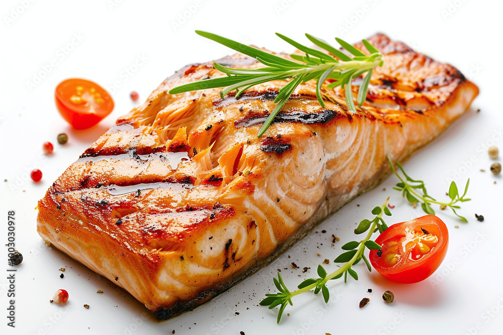Grilled salmon fillet with herbs and lemon on white background Grilled salmon fillet with herbs and lemon on white background