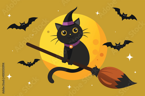 A black cat wearing a witch hat perched on a broomstick flying across the night sky illuminated by a full moon with twinkling stars