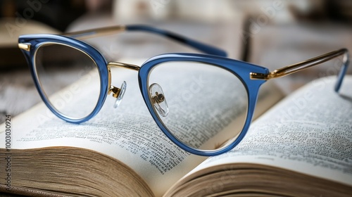 Glasses resting on an open book in a library filled with bookshelves during d...