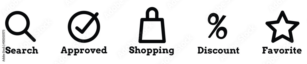 Shopping bag icon. Discount, percent icon. Check mark, tick box icon. Favorite star icon. Magnifying glass, search icon. Shopping bag icon. Discount, percent icon. Check mark, tick box icon. Favorite star icon. Magnifying glass, search icon.