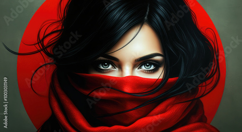 Closeup portrait of a woman with red scarf covering mouth looking at camera against a red circle and gray backdrop. photo