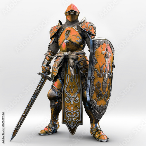 full-body image of a orange medieval knight in a striking pose, designed to look like a high-quality 3D model from a video game. The knight should be clad in detailed, full plate armor with a vibrant photo