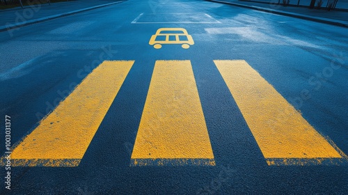 Bright yellow pedestrian crossing marked on an empty urban street during earl...