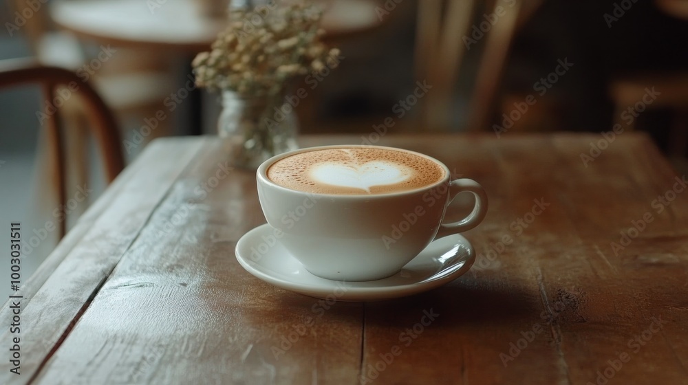 Obraz premium A steaming cup of coffee on a rustic wooden table in a vintage cafe setting