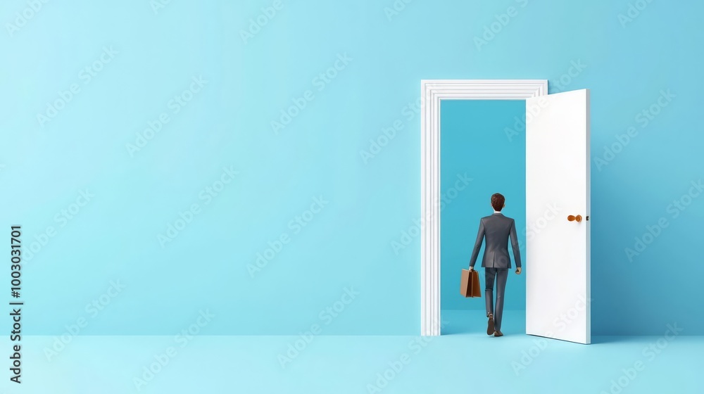 Fototapeta premium Job seekers rushing through an open door labeled Opportunities Ahead 3D illustration