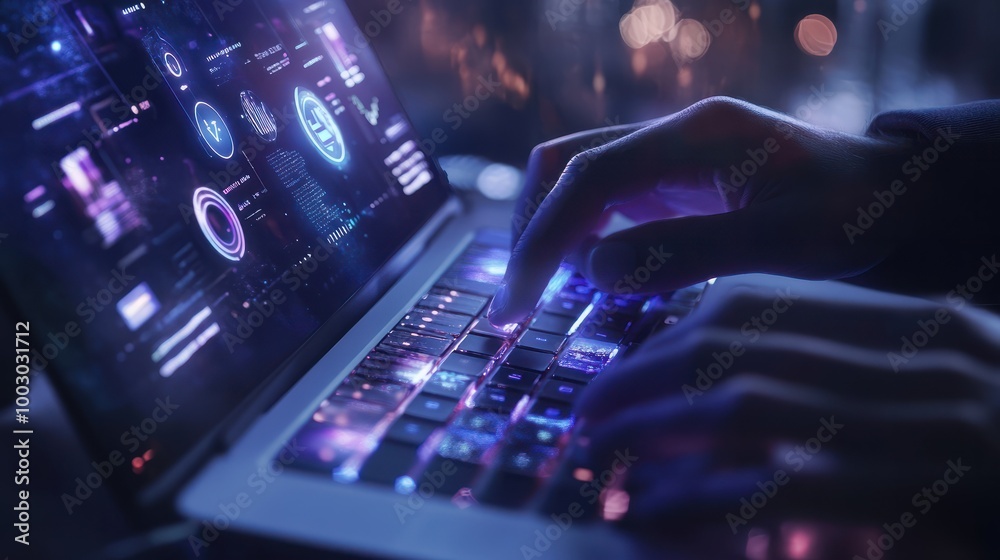 Android's hands press keys on an open laptop, displaying holographic projections of icons and business data, a modern workflow using artificial intelligence and new technologies Android's hands press keys on an open laptop, displaying holographic projections of icons and business data, a modern workflow using artificial intelligence and new technologies